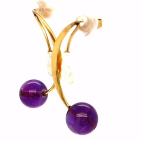 14K Freshwater Pearl & Amethyst Bead Crescent Earr